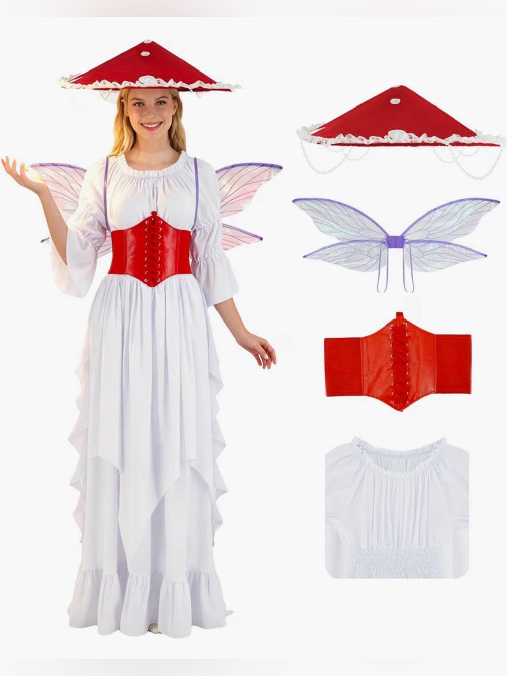 Red Fairy Corset & Hat Kids Costume with White Dress